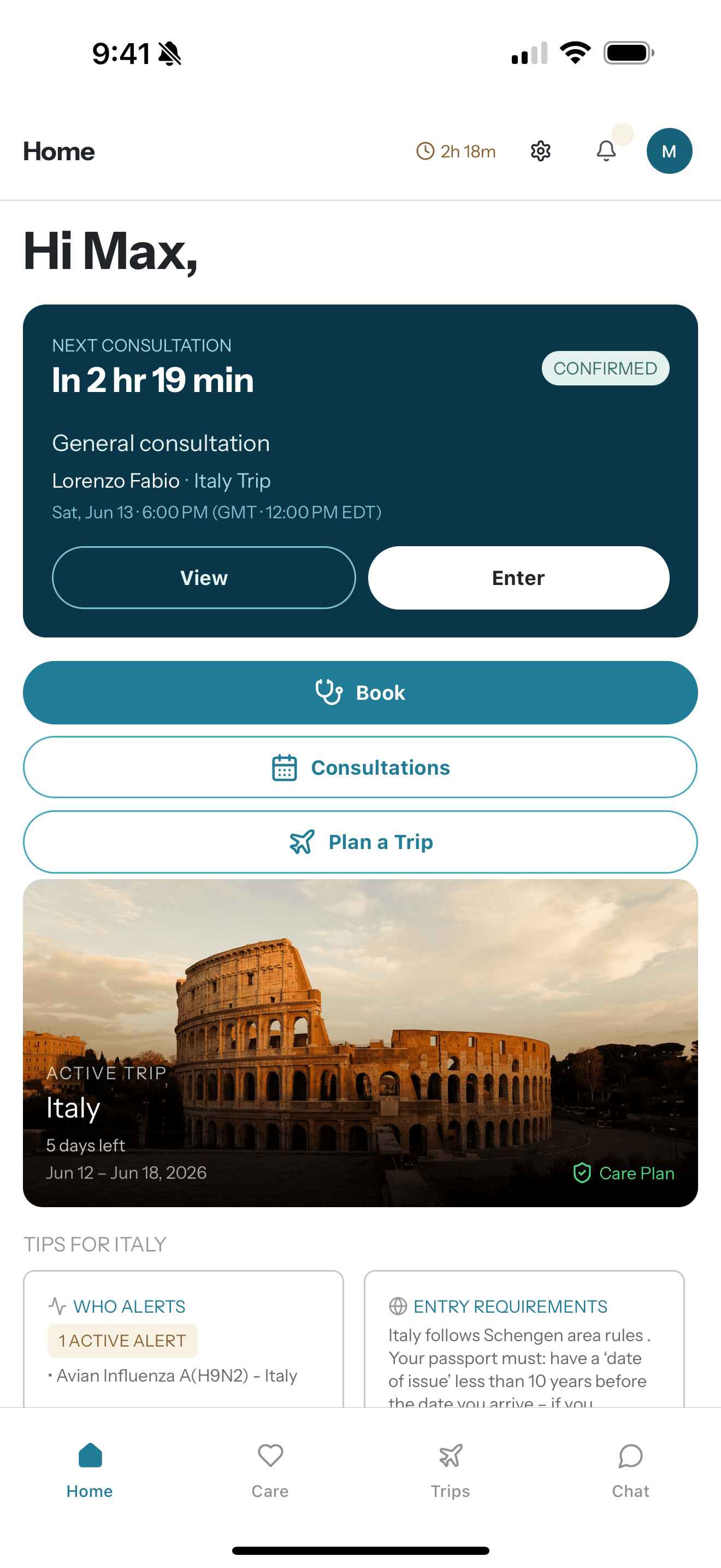 Awayward Care app, patient home screen